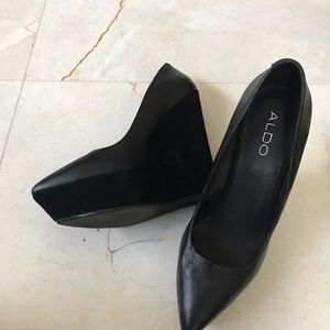 New Black leather and suede platform wedge heels